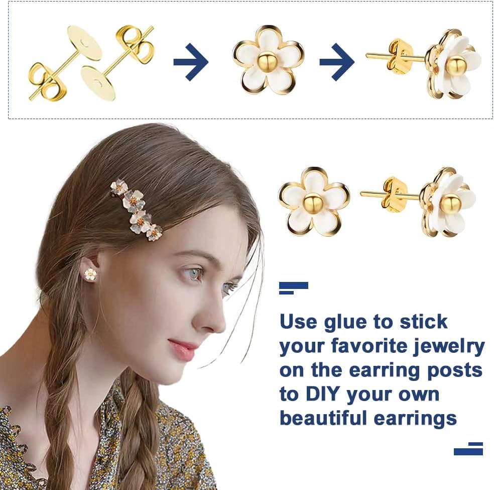 Image of Dhruv Crafts Earring Posts Stainless Steel, 340Pcs 4mm /6mm Steel Flat Pad Earring Studs, Butterfly and Clear Rubber Earring Backs for Jewelry Making DIY (Gold)