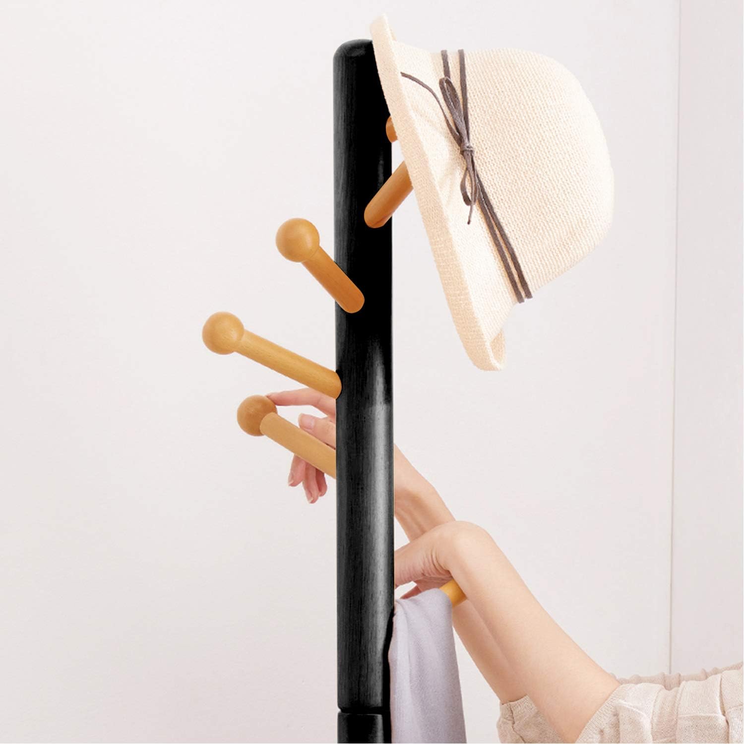 Vlush Rubber Wood Coat Rack Free Standing, 11 Hooks Hallway/Entryway Coat Hat Tree Coat Hanger for Clothes, Suits, Accessories (Black+Natural)