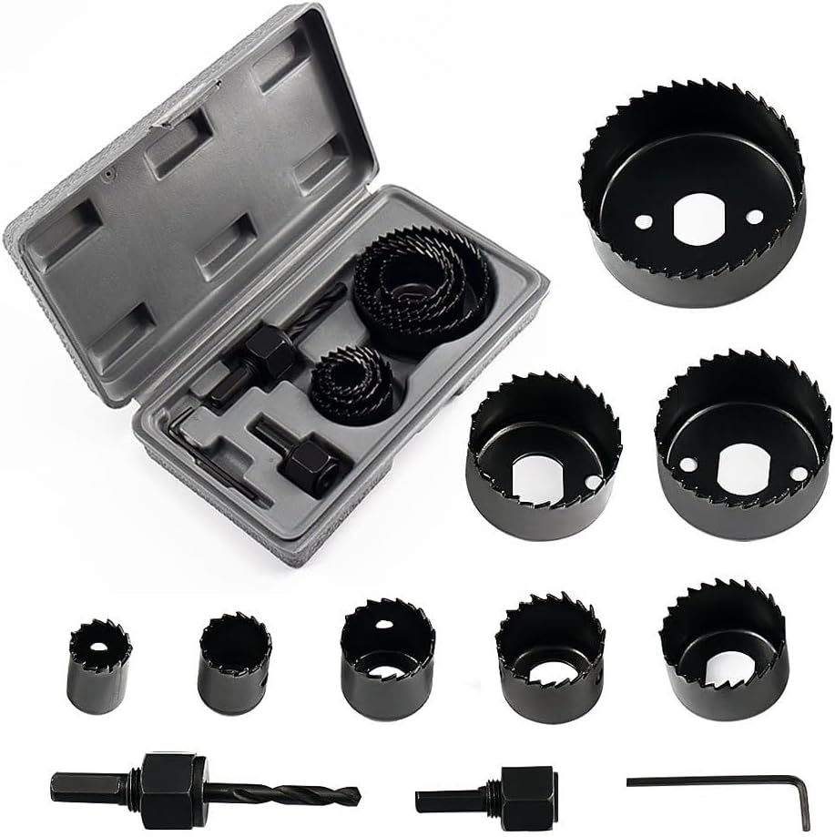 COOLive Hole Saw Set 11 Pieces 3/4" - 2-1/2" Hole Saw Kit with Hex Key and Mandrels for Wood, PVC Board, Plastic Plate Drilling