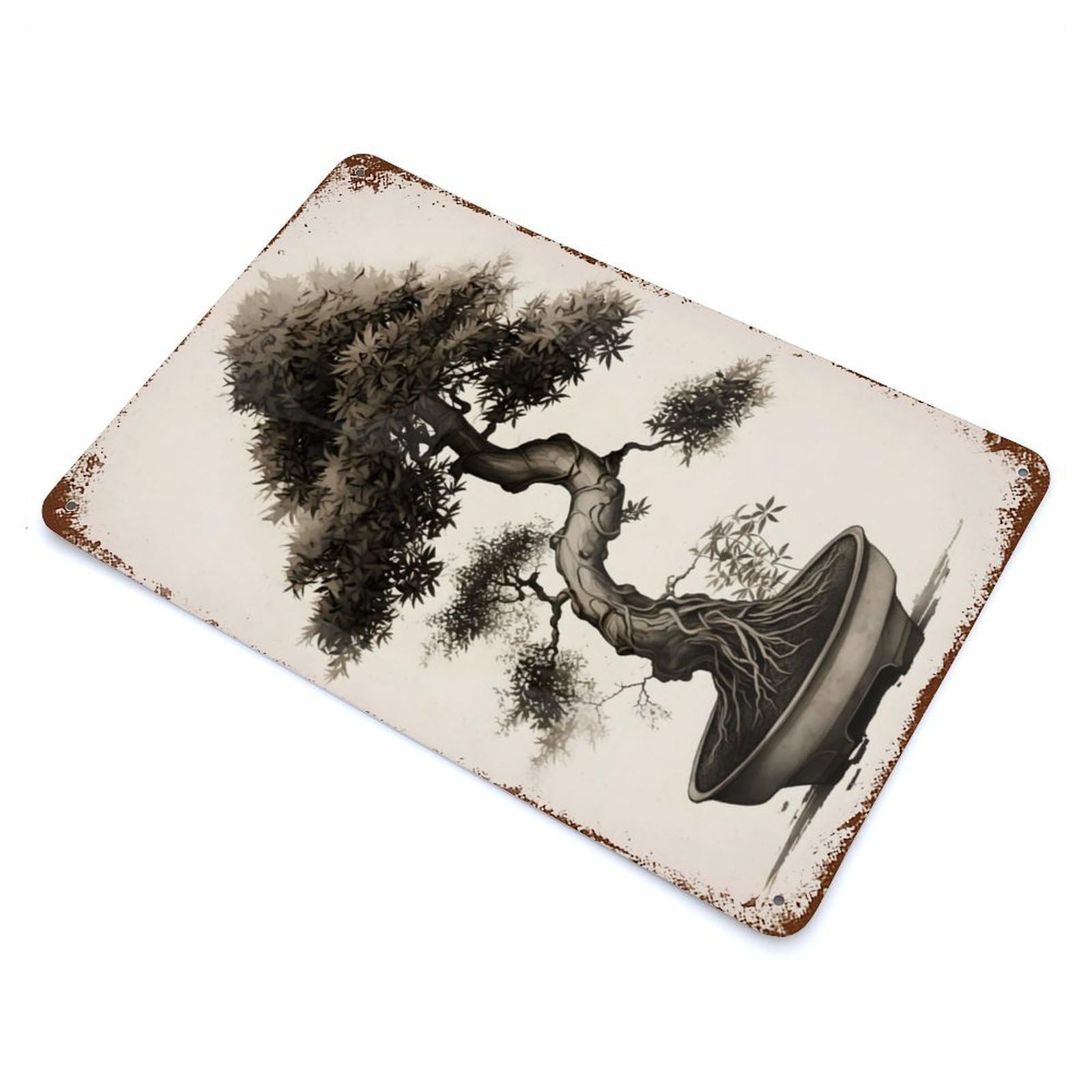 Ink Wash Bonsai Tree Rust Effect Tin Sign 11.8"x7.9", Ideal for Farmhouse, Kitchen And Entryway Decor