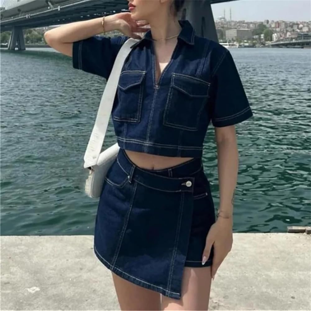 Generisch Top da donna con scollo a V, camicie estive casual per la serata fuori, polo a maniche corte con colletto, gilet in jeans retrò