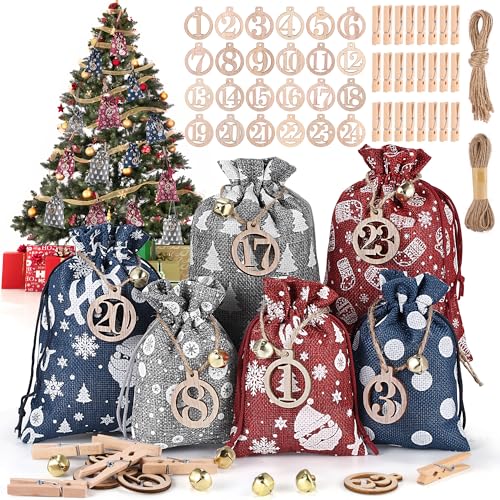 DazSpirit 24 Adventskalender zum Befüllen und Aufhängen, DIY Adventskalender Stoffsäckchen mit Holzklammern, Hanfseil, Glocken und Holzzahlen, Weihnachtskalender Selberfüllen für Kinder