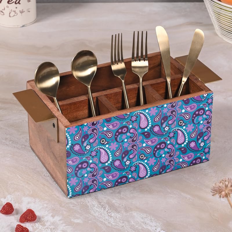 Image of Wooden Cutlery Holder for Kitchen - Handcrafted Floral Design with Sturdy Handles | Utensil & Tissue Organizer for Dining Table & Office - Purple (Printed)