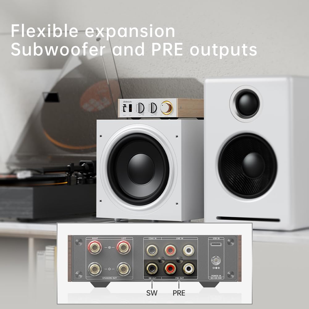 JadeAudio Livello 1 Desktop HiFi Bluetooth LDAC Amplificatore 2×300W Classe D, ingresso USB/coassiale, uscita subwoofer, amplificatore stereo per Home Theater/computer/altoparlanti con alimentazione