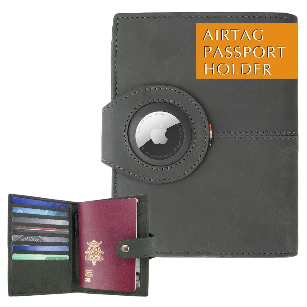 GARZINI Passport Holder with AirTag, Passport Wallet with RFID, Travel Accessories, Travel Document Holder with ID Window, Leather Passport Holder for