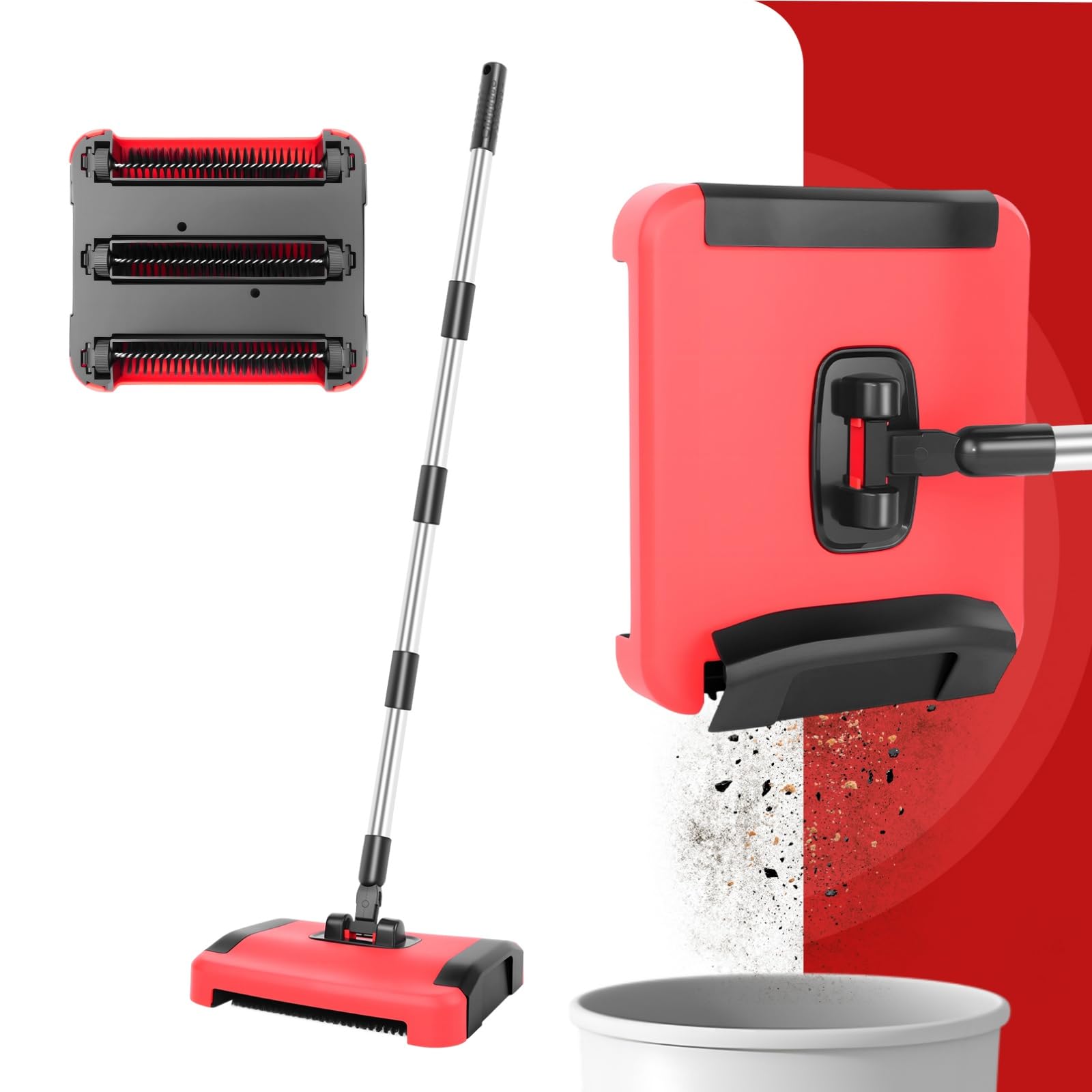 Manual Carpet Sweeper with Wheels - 3 Brushes Rolling Floor Brush for Efficient Pet Hair, Lint, and Debris Pickup, Large Detachable Waste Bin
