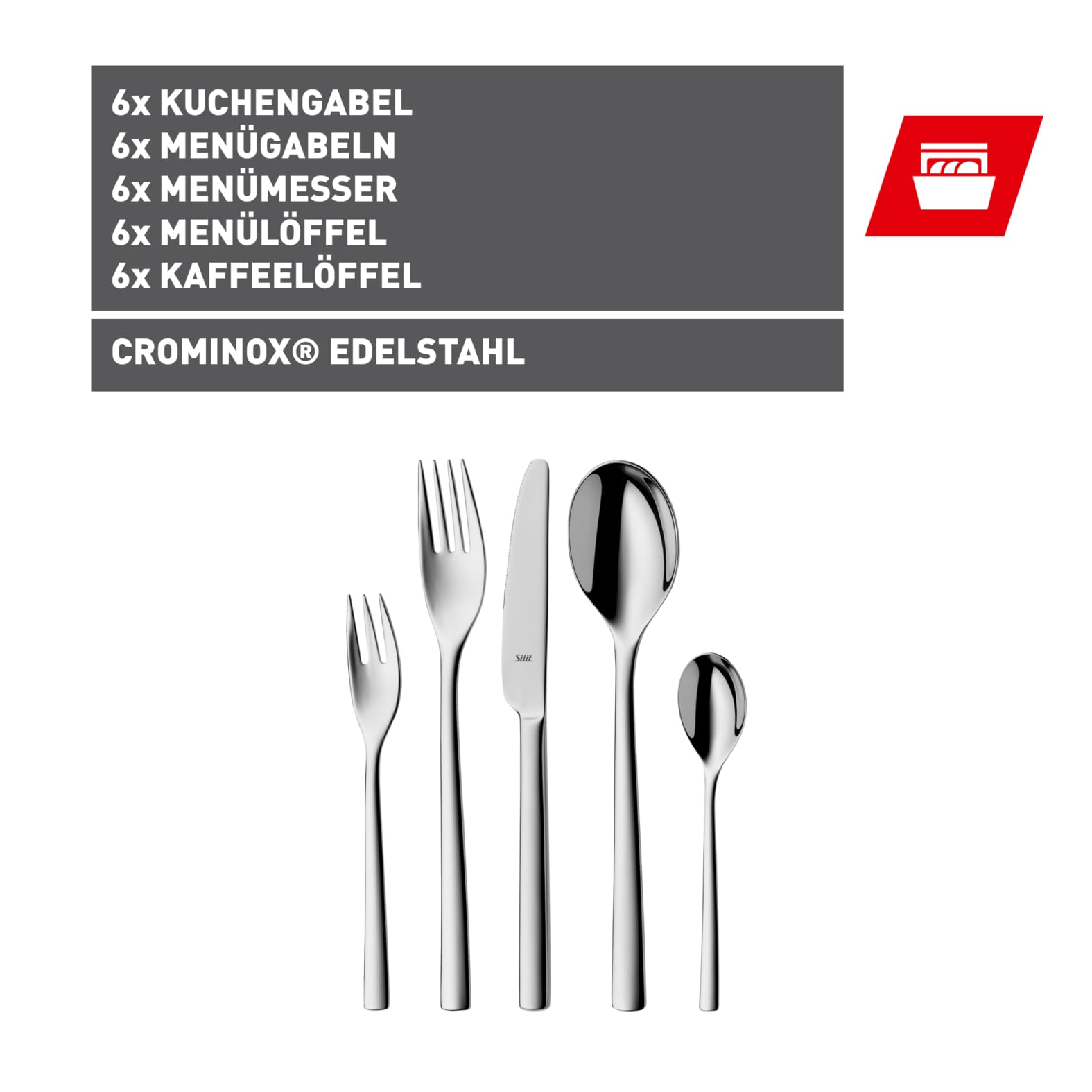 Silit Trend Besteck Set 6 Personen, 30-teilig, Monobloc-Messer, Crominox Edelstahl poliert, rostfrei, kratzbeständig, langlebig, spülmaschinengeeignet