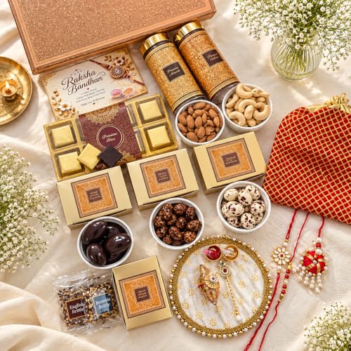 Image of NUTRISNACKSBOX Rakhi Chocolate Gift Box for Brother | 2 Bhaiya Rakhis, Pooja Thali, Roli Chawal & Tikka Stick | Premium Red Hamper