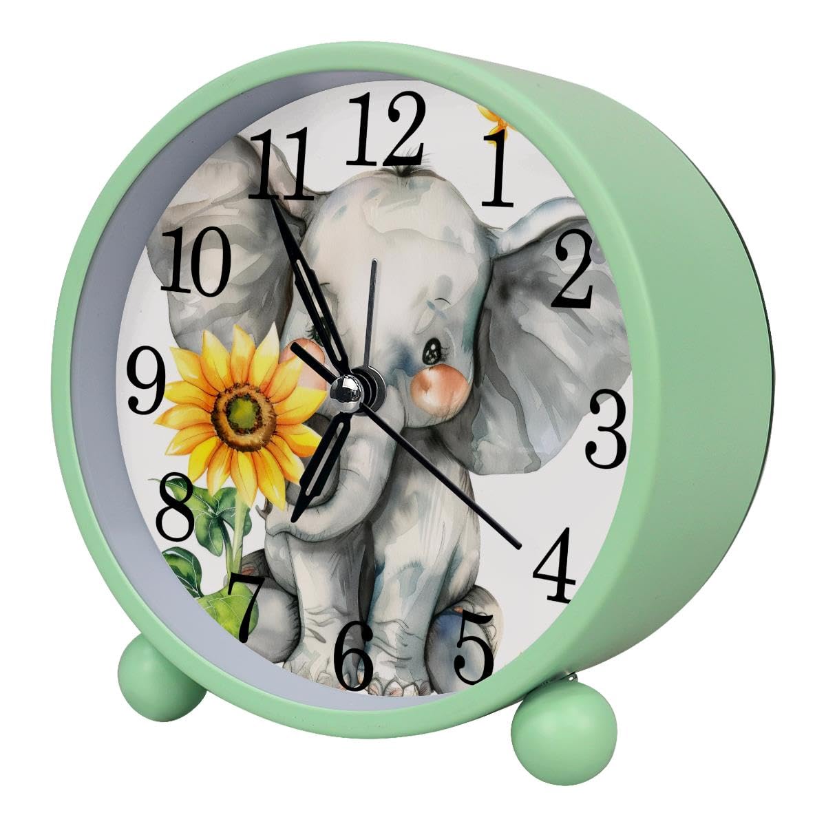 Alarm Clock Elephant and Sunflower, Silent Non-Ticking with Night Light