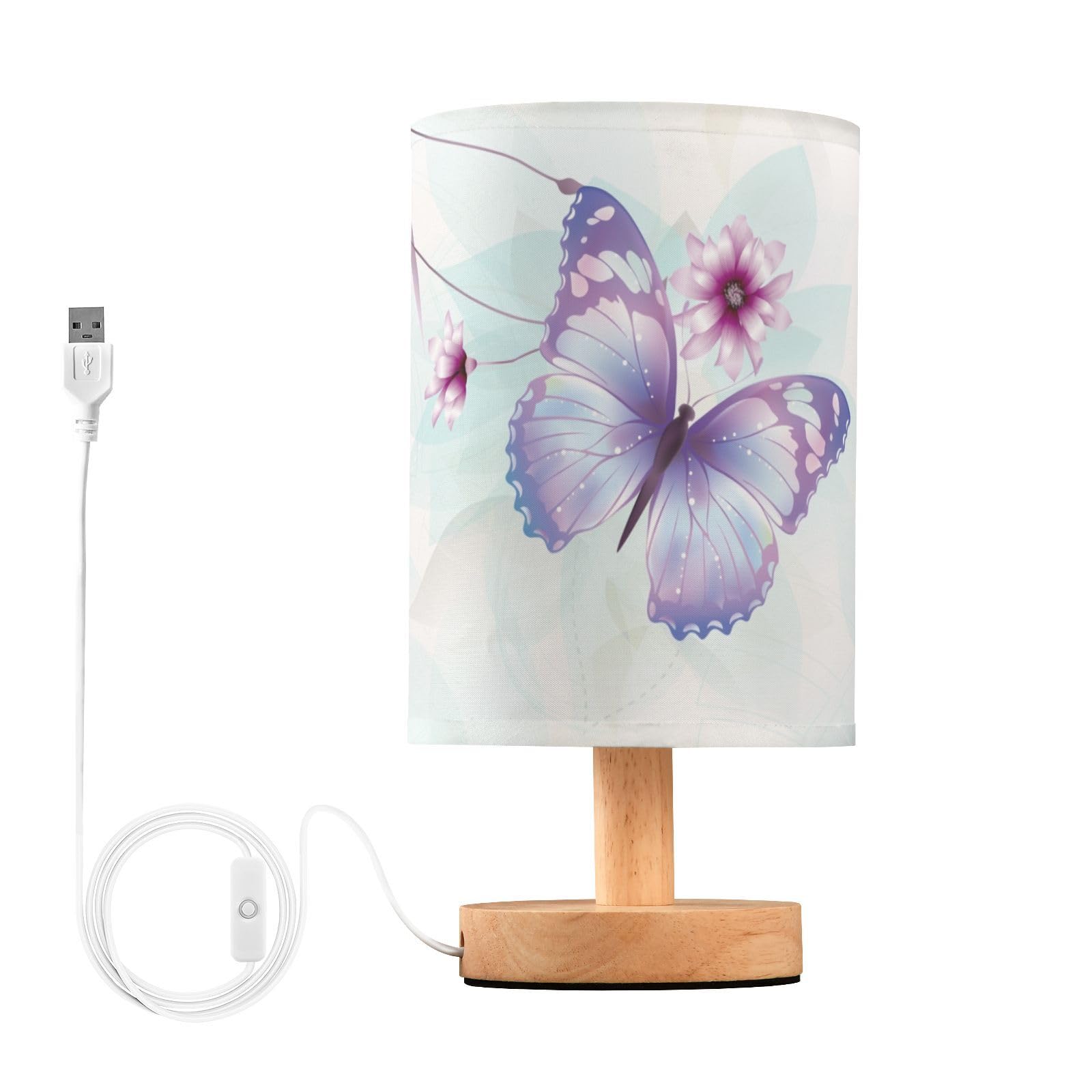 Mnsruu Bedside Table Lamp Butterflies Lilac Flowers Bedside Lamps LED Light Desk Lamp Fabric Shade Small Lamp for Bedroom Living Room (Bulb Included) — image 1