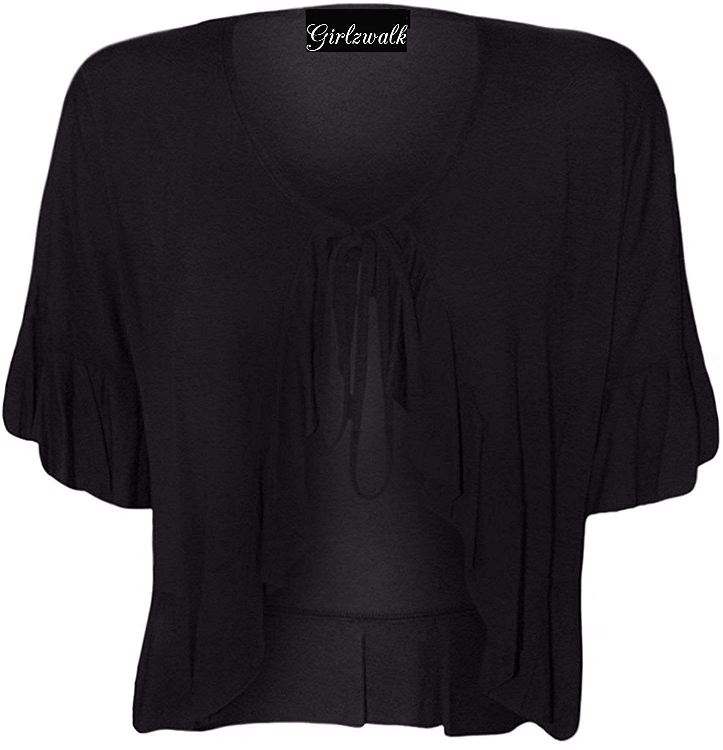 Gostyles Women's Black Gostyles® Short Sleeve Stretch Frill Front Tie Cardigan, Elegant Summer Layer Cropped Bolero Shrug Top (, 18)