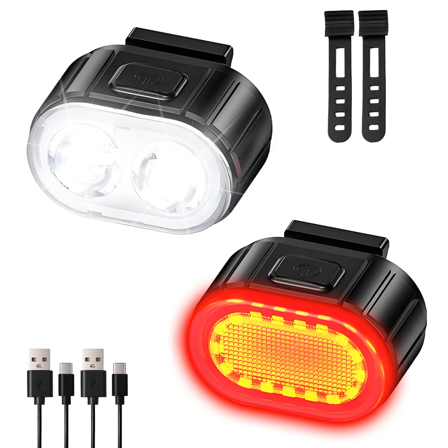 Bike Lights Front and Back, Super Bright Bike Lights, [4+6 Modes] USB-C Bike Light Set, for Night Riding/Camping/Backpack (2 USB cables and 2 Strap Included)