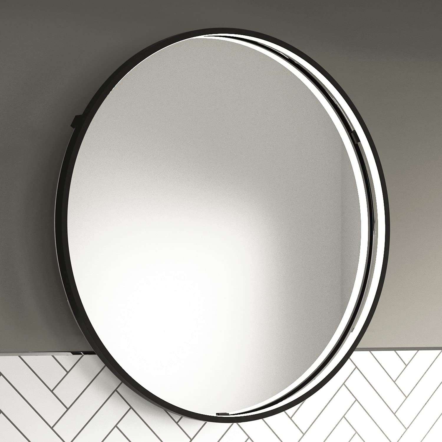 Pebble Grey Black Illuminated Bathroom Mirror with LED Lights 800mm IP44 Rated - Luna Round Non Dimmable LED Bathroom Mirrors with Lights, Demister Pad, & Touch Sensor, Aluminium Framed Mirror โ image 1