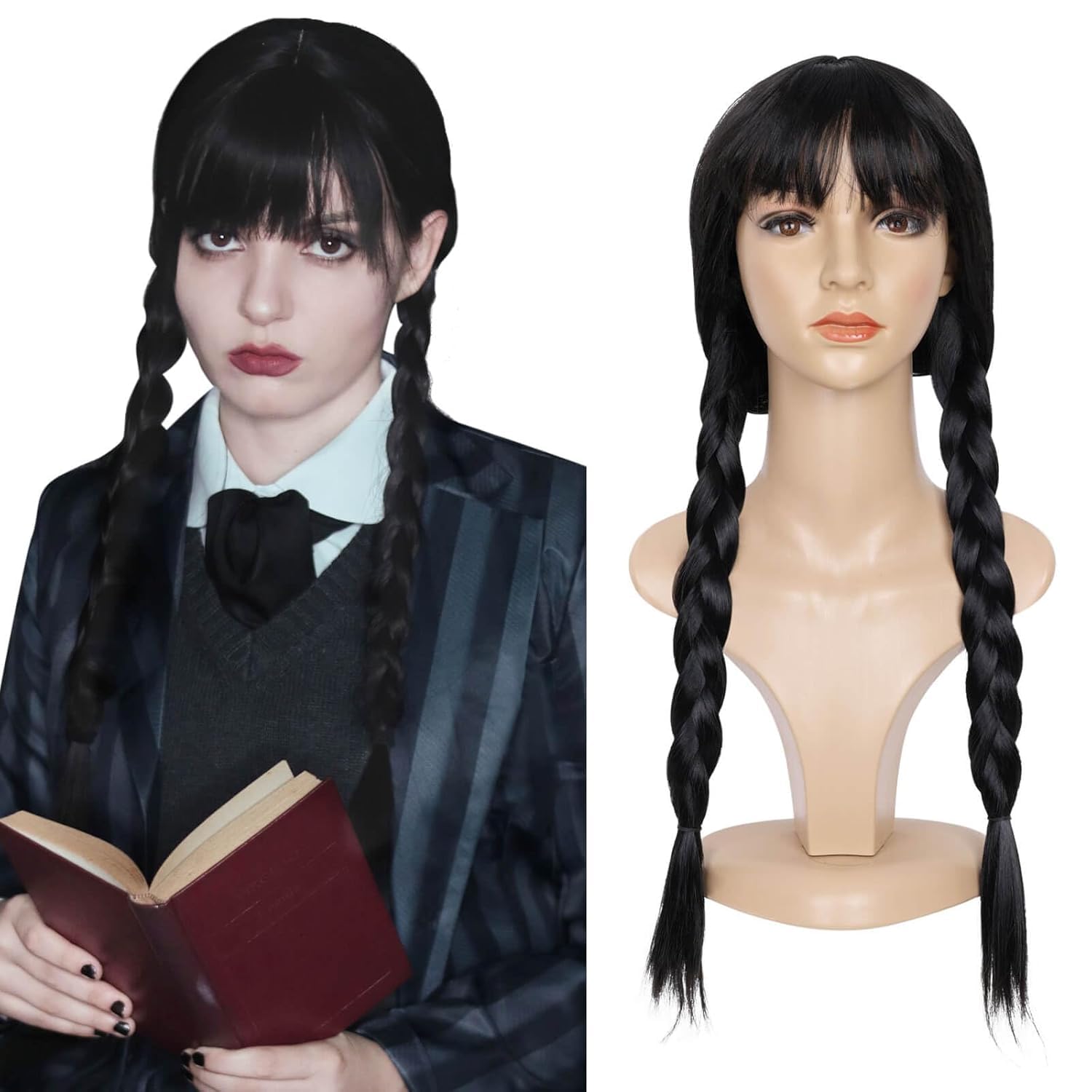 Creamily Women Girls Long Black Braids Wig with Bangs Long Straight Pigtails Wig for Adult Costume Halloween Straight Black Braided Hair with Bangs for Halloween Party Cosplay