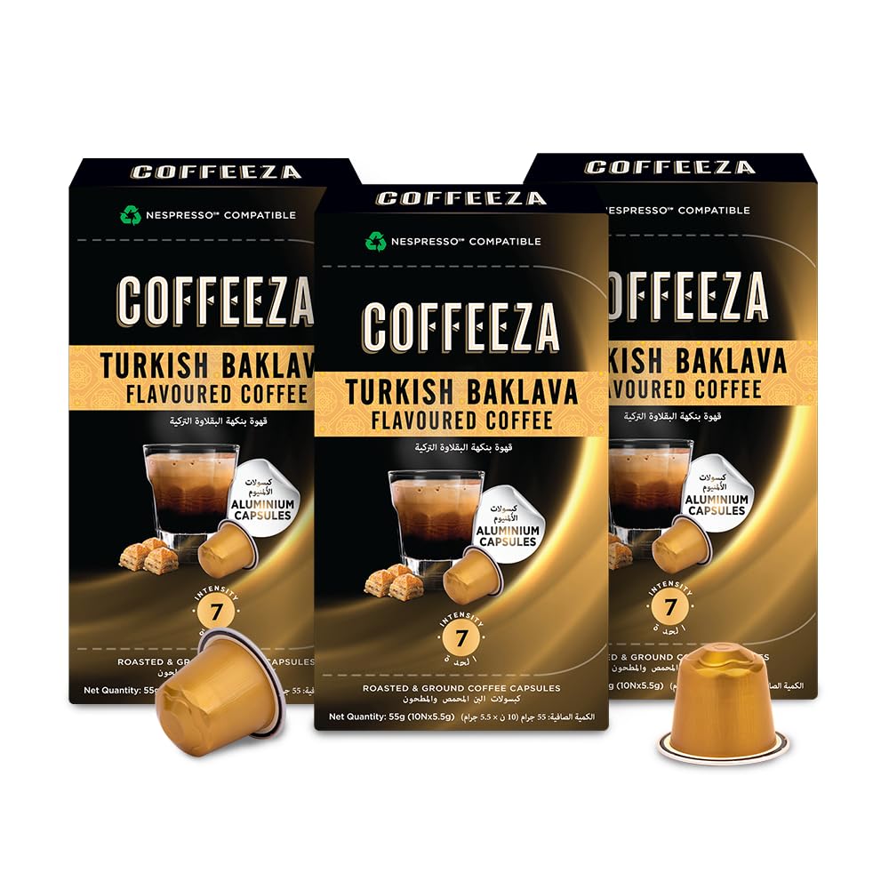 Coffeeza Turkish Baklava Flavoured Aluminium Coffee Capsules, Intensity -7 | Box of 3 (30 Capsules)