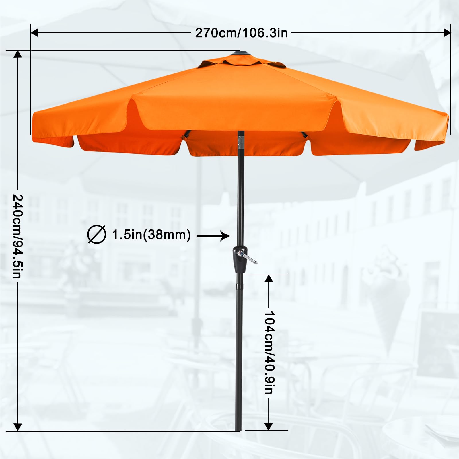 MASTERCANOPY Sombrilla de patio de 9 pies con cenefa, manivela e inclinación, color naranja | 8 varillas, resistentes a los rayos UV/decoloración, impermeable, ventilación, para jardín, terraza, patio, piscina