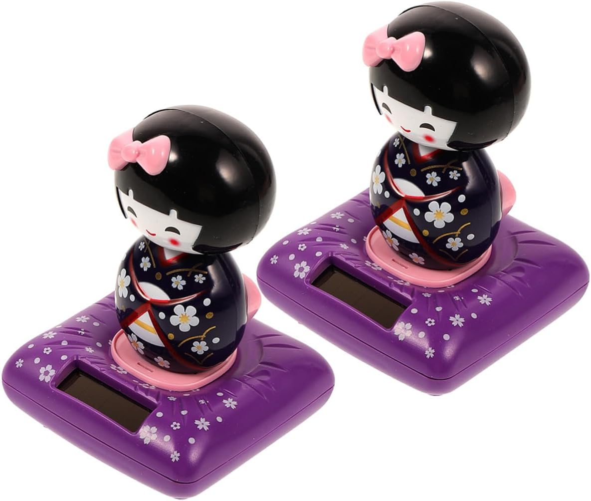 2pcs Solar Powered Shaking Head Kimono Doll Figurines, Small Plastic Car Dashboard Ornaments, Japanese Geisha Style Car Decorations for Home and Office