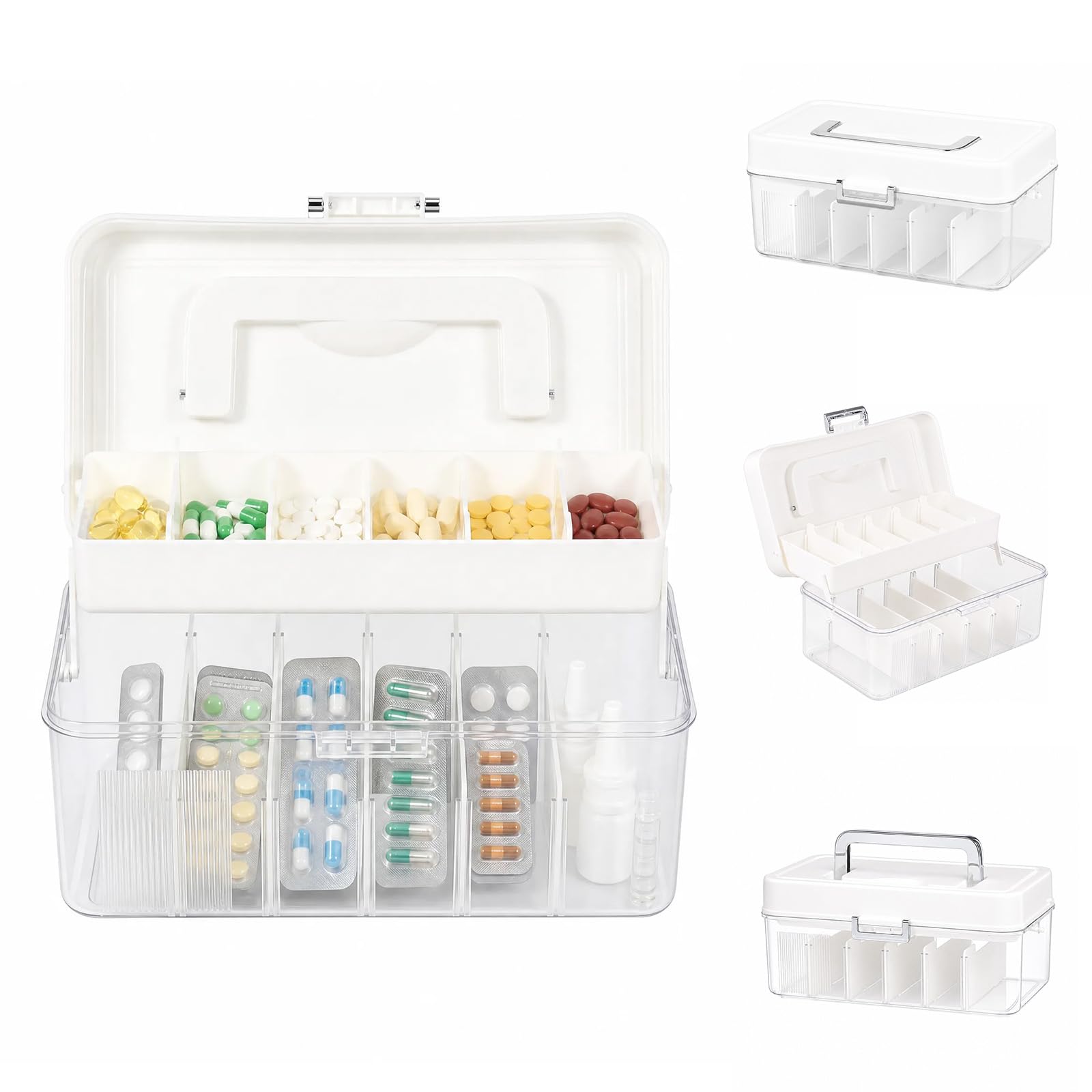 Airener Medicine Storage Box, Plastic 2 Layer Medication Organizer with Handle and Adjustable Divider, Clear Multi-Grid First Aid Box for Bandages, Tablets, Pills, Capsules, Home