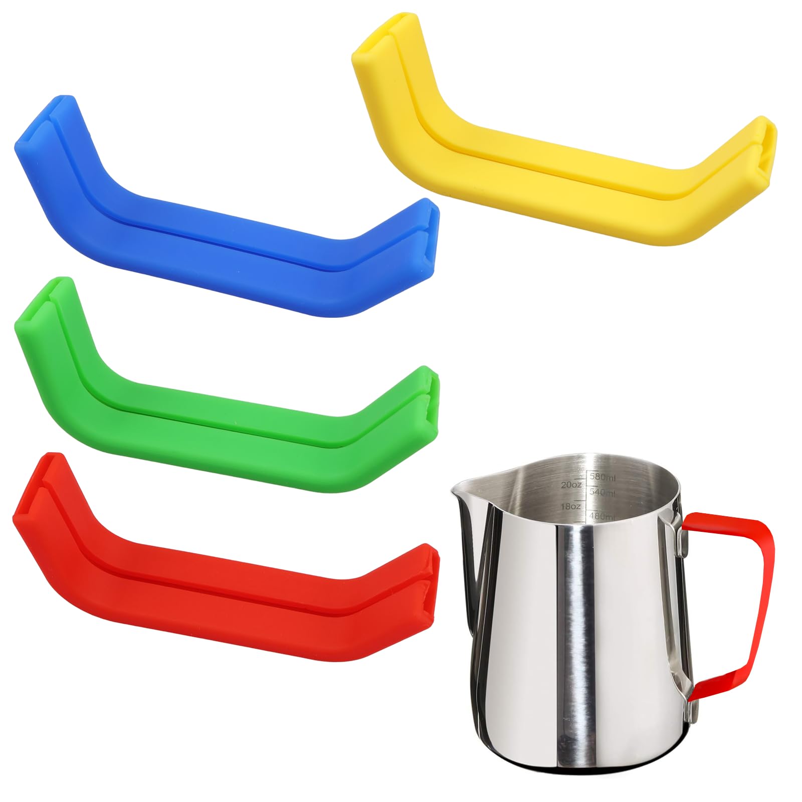 HONMINHUA 4 Pcs Silicone Sleeves for Milk Frothing Jug,3.15in x 0.79in Multicoloured Heat Resistant Handle Covers,Non-Slip Grips, Prevent Cross Contamination for Coffee Shop, Home