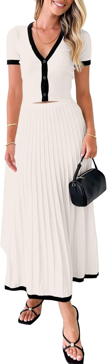 Imily Bela Womens 2 Piece Sweater Sets V Neck Crop Midi Pleated Skirt Summaries: Fashionable coordinated outfit with crop top and pleated skirt.