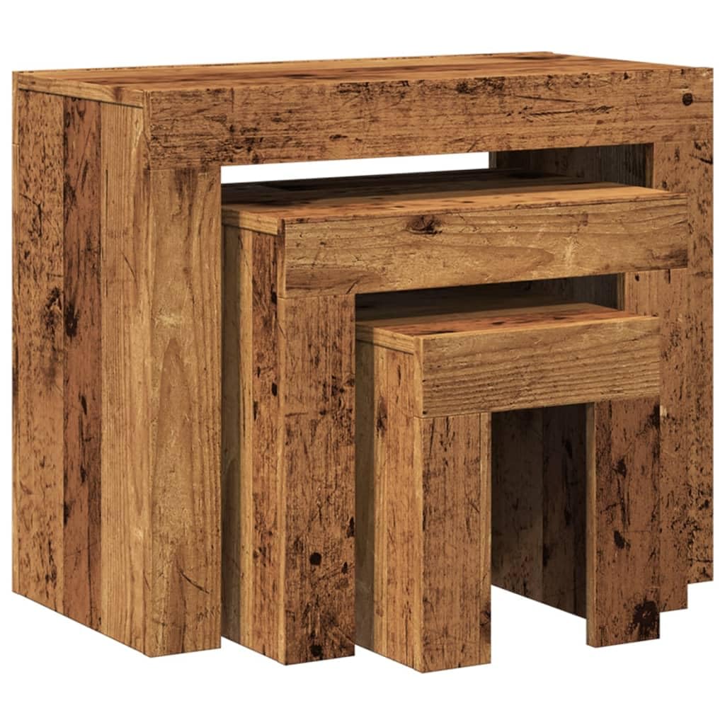 vidaXL Mesas de Centro apilables 3 uds Madera de ingeniería Envejecida, Mesa apilable, Mesa Auxiliar apilable, Juego de mesas apilables, Mesa anidada