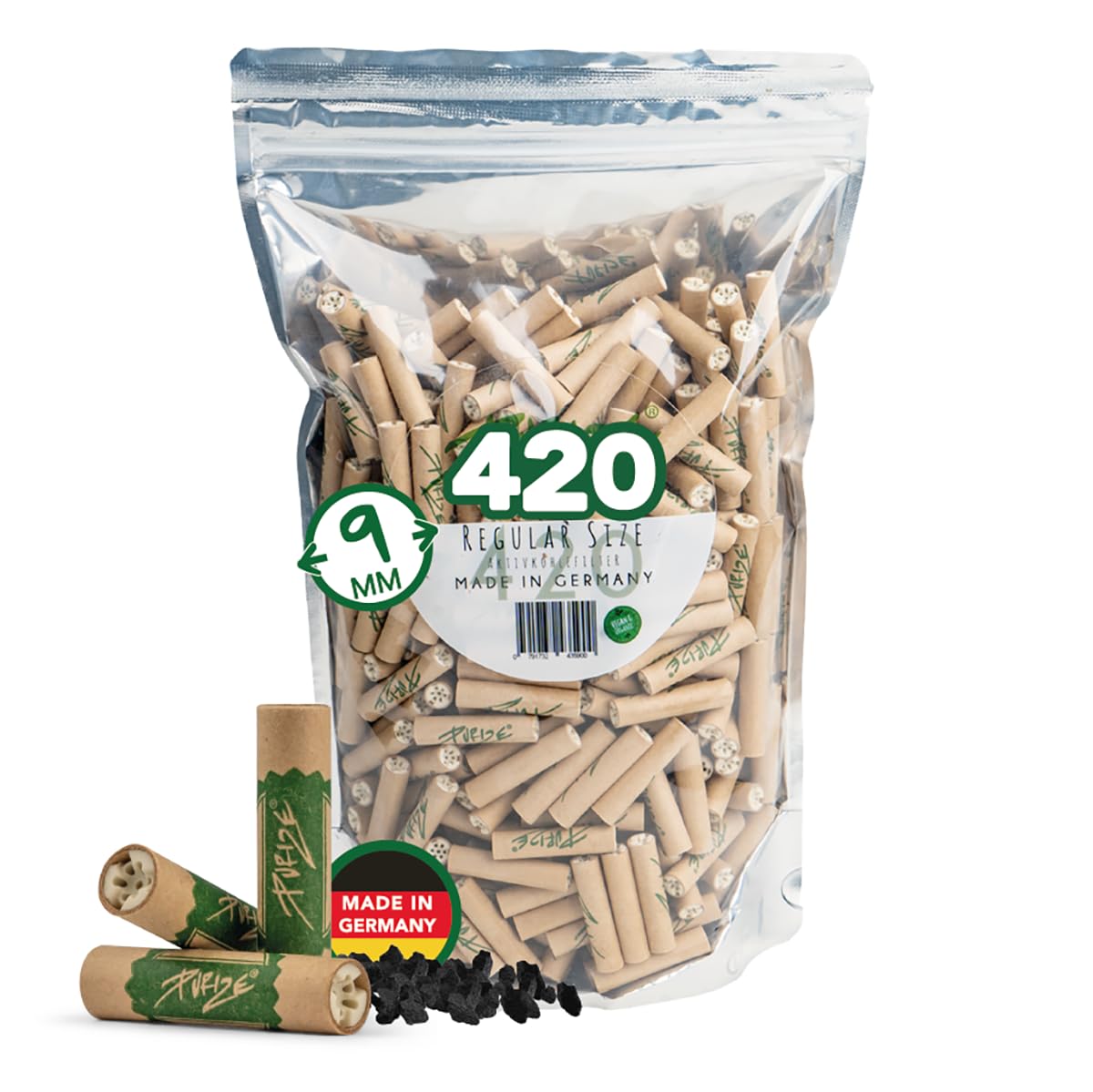 PURIZE® - Aktivkohlefilter Regular Size - 420 Stück im Vorratsbeutel - Premium Tips Filter mit Keramikkappen für verbesserten Airflow - Filtertips auf Kokosnuss-Basis ideal für Longpapes (ORGANIC)