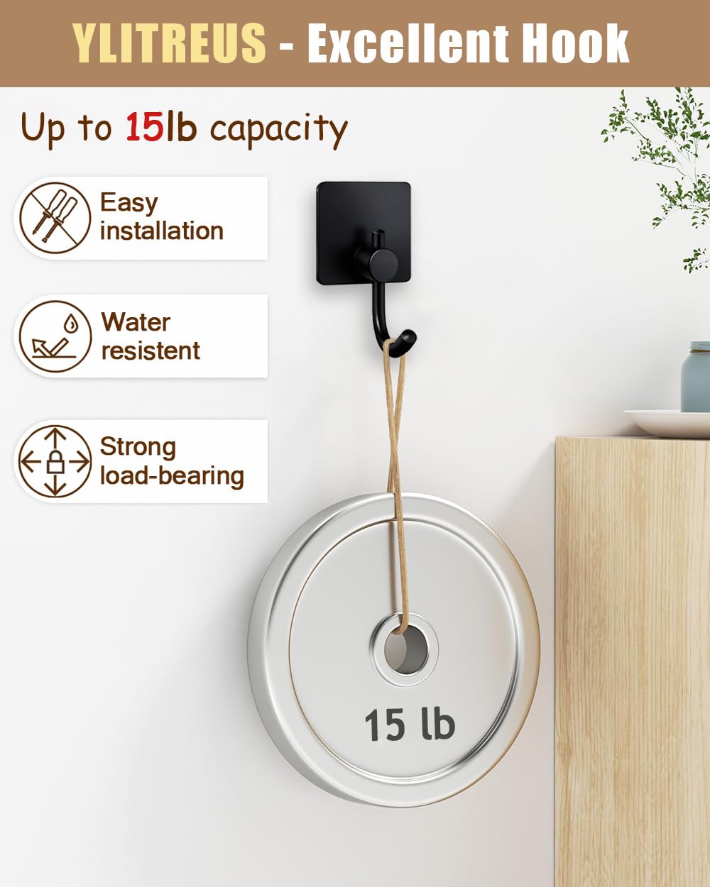 YLITREUS Ganci Adesivi 6 Pezzi - Ganci Autoadesivi da Parete in Acciaio Inox Nero per Bagno Cucina Camera - Gancio per Asciugamani, Chiavi e Vestiti Senza Forare