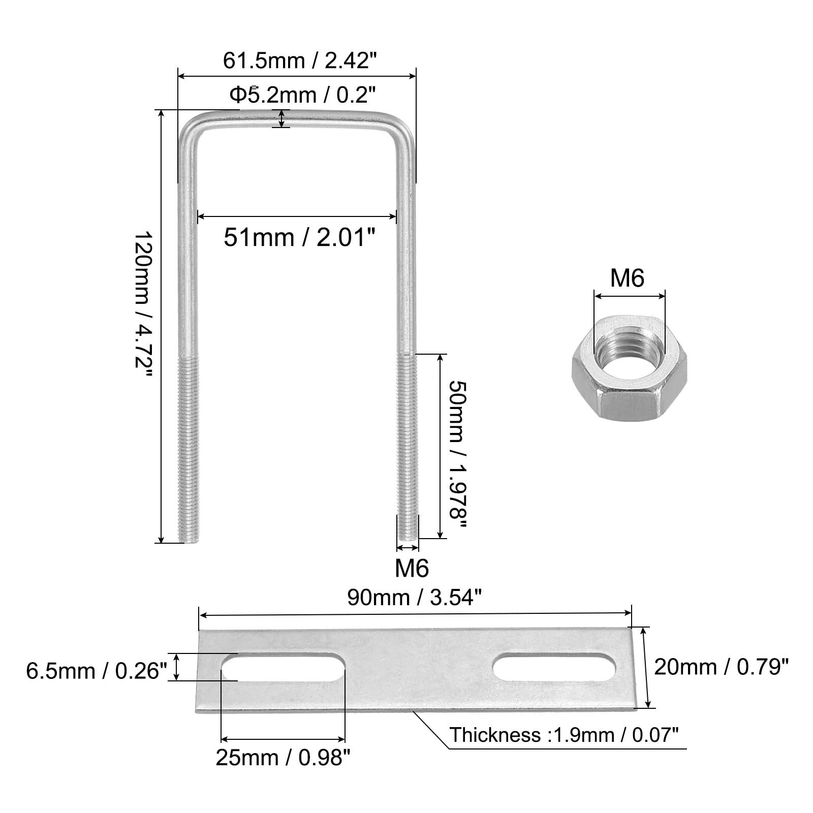 PATIKIL M6x50x120mm Square U-Bolts Kit - Image 2