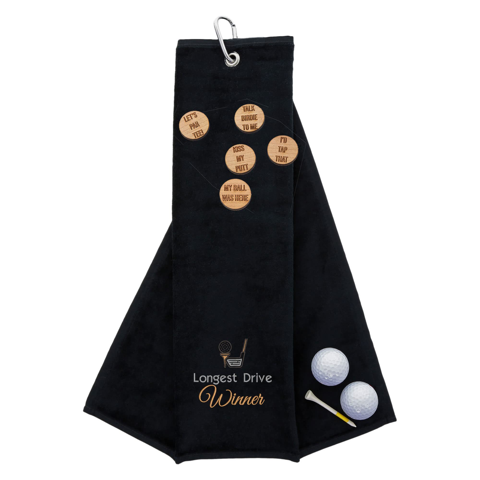 aztex Funny Trifold Golf Towel and Comedy Wooden Ball Marker Set Gift for Men, Carabiner Clip for Golf Bags, Longest Drive, Black