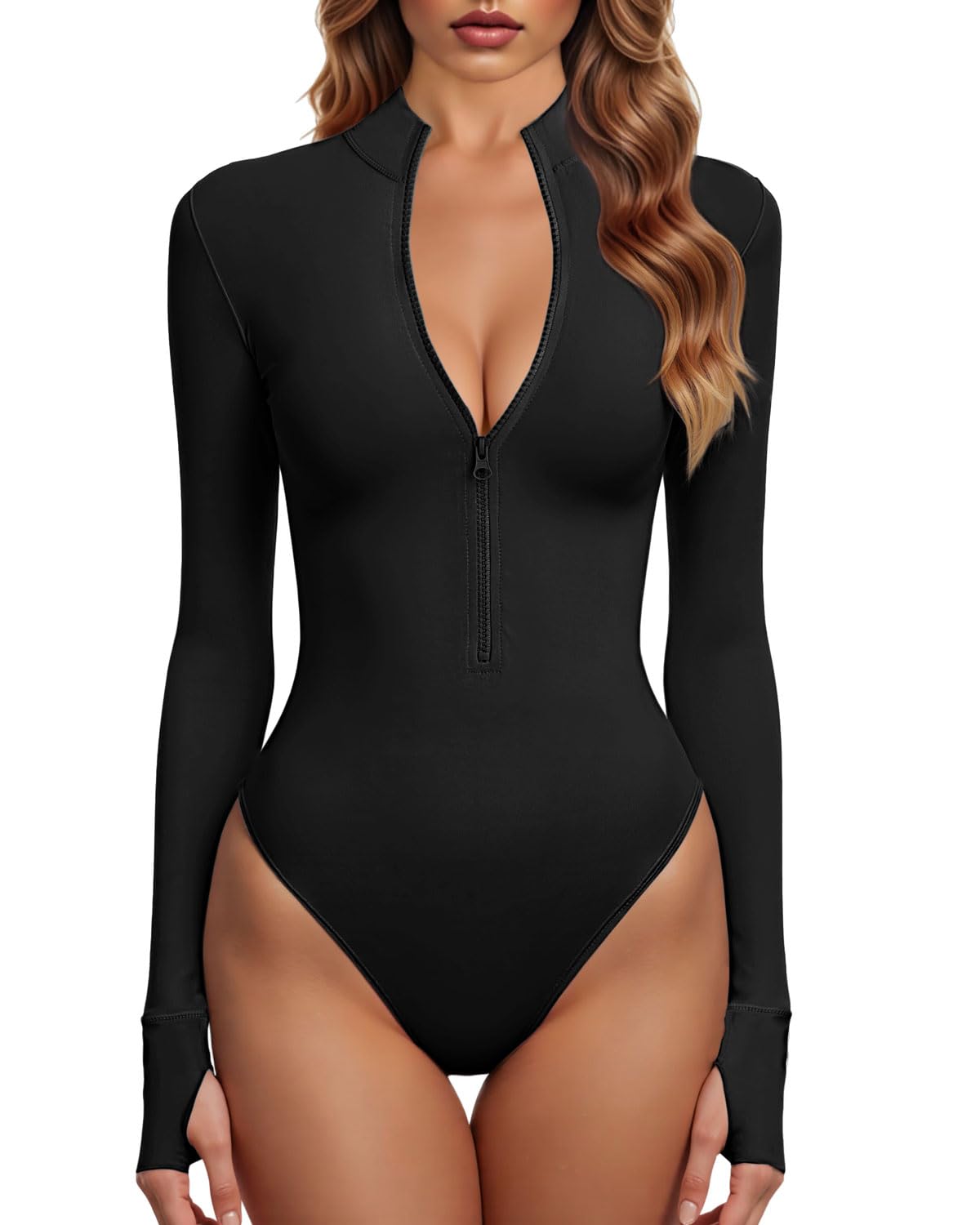 Bodys Für Damen Ein Stück Zip Front Langarm Oberteile Jumpsuits