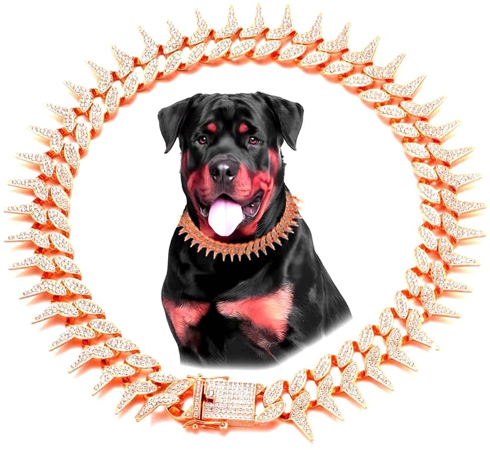 Image of Dog Chain Collar, Side Spiked Style Necklace Bling Diamond Cuban Link Dog Collars Glitter Rhinestone Puppy Collar for for Small Medium Large Pet Dogs (Rosegold, 16 Inch)