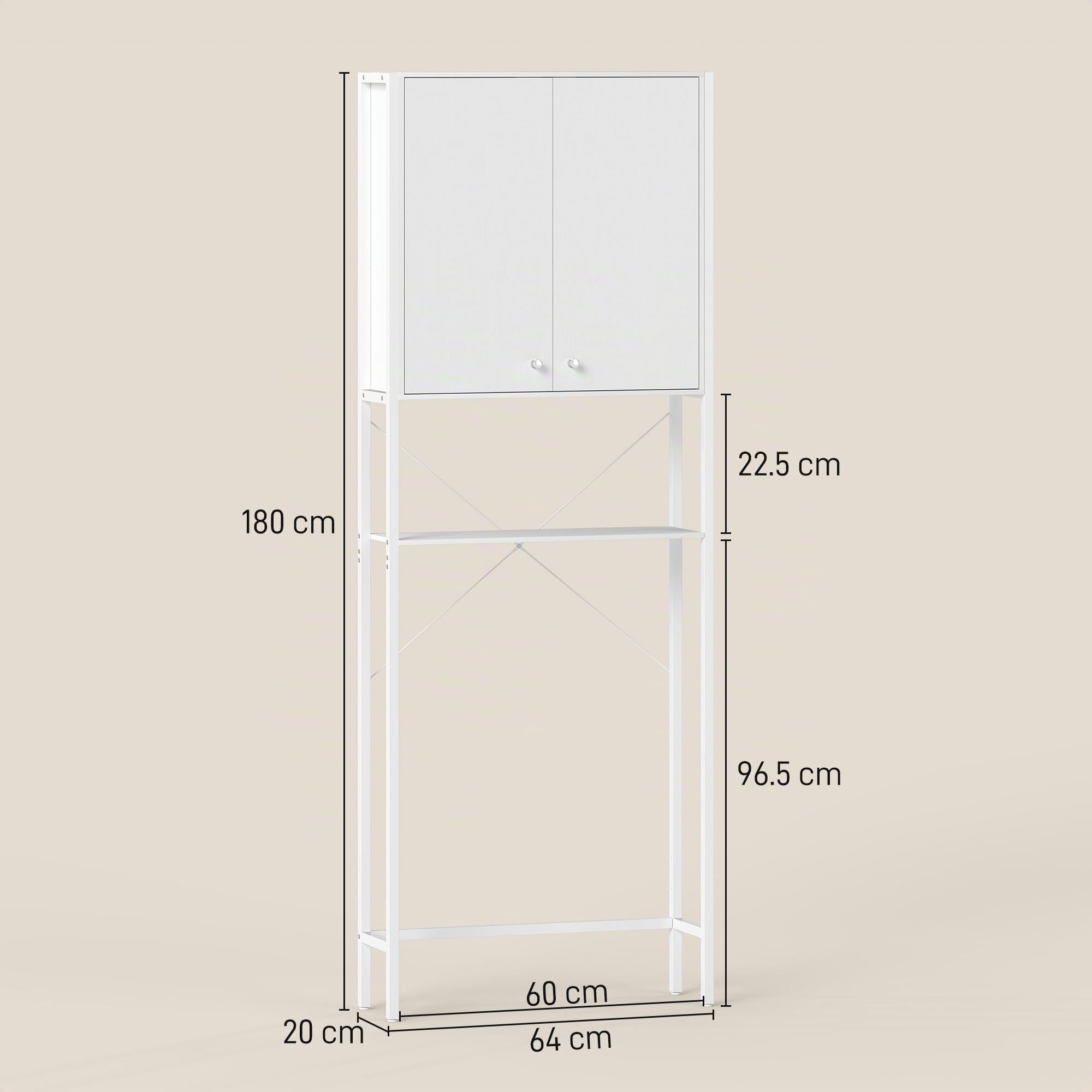 HOMCOM Meuble de salle de bain au-dessus de WC avec armoire 64 x 20 x 180 cm Blanc | Étagère ouverte, meuble au-dessus de la machine à laver peu encombrant, pieds en métal, pour salle de bain et buanderie