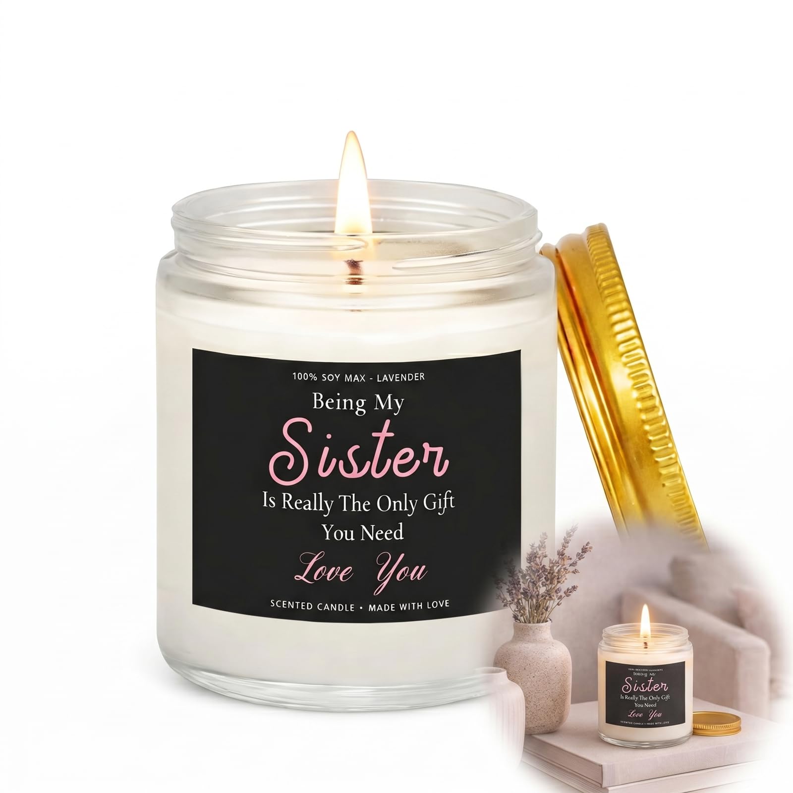 Lavender Scented Soy Wax Candle in Reusable Glass Jar with Gold Lid - Aromatherapy Home Fragrance, Clean Cotton Wick, Thoughtful Present for Sister, Birthday, Christmas, Wedding