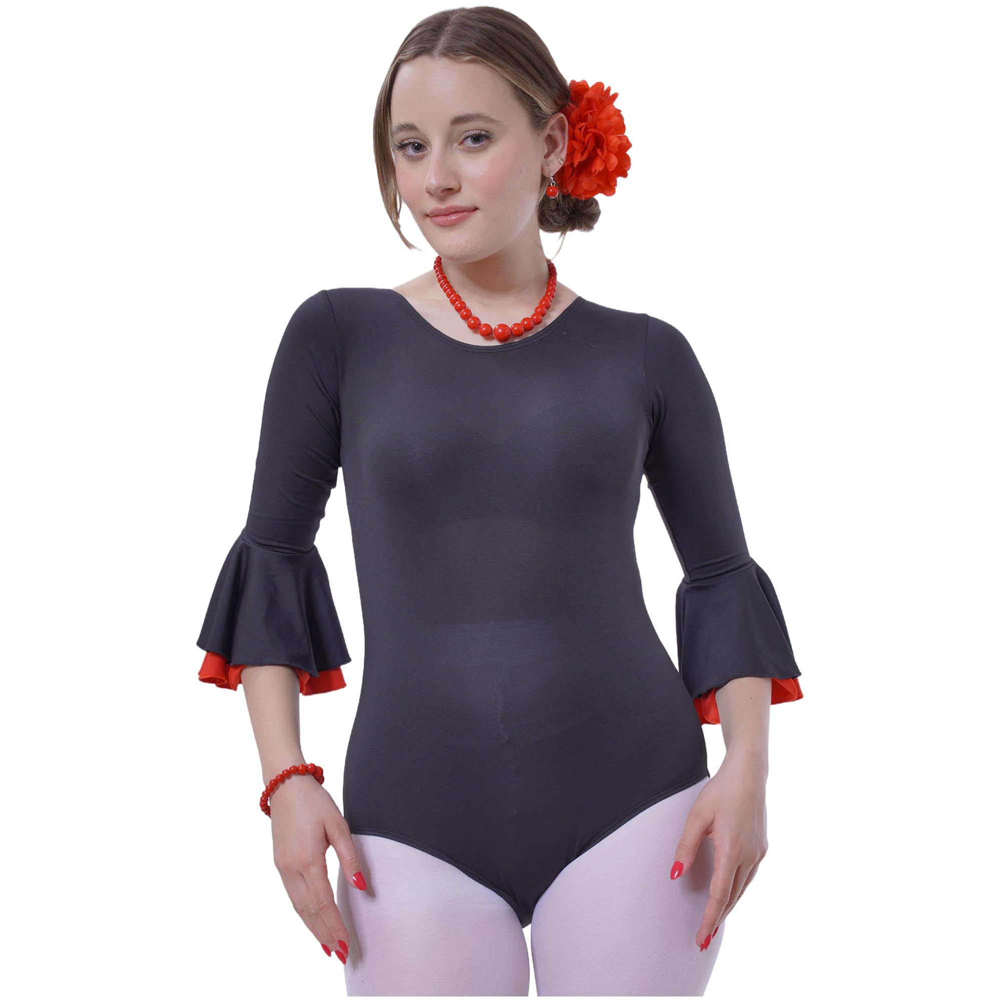 Carnavalife Body flamenco mujer negro maillot danza manga larga con volante, leotardo gimnasia ballet sevillanas, escote redondo, ribete rojo