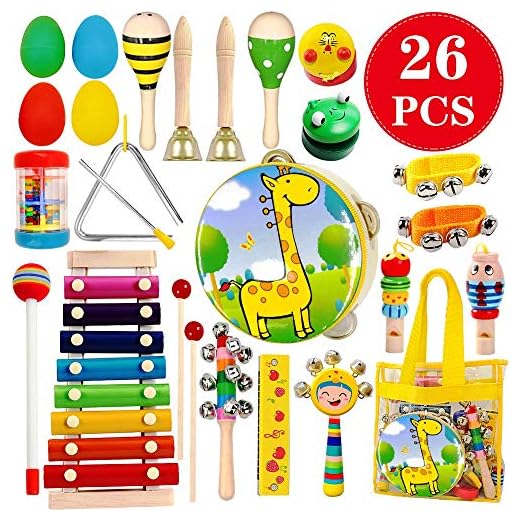 ToyerBee Musical Instruments Toys Set for Kids,26 PCS Wooden Percussion Instruments for Toddlers, Preschool& Educational Music Toy with Storage Bag for Children, Animal Tambourine, Maracas&More