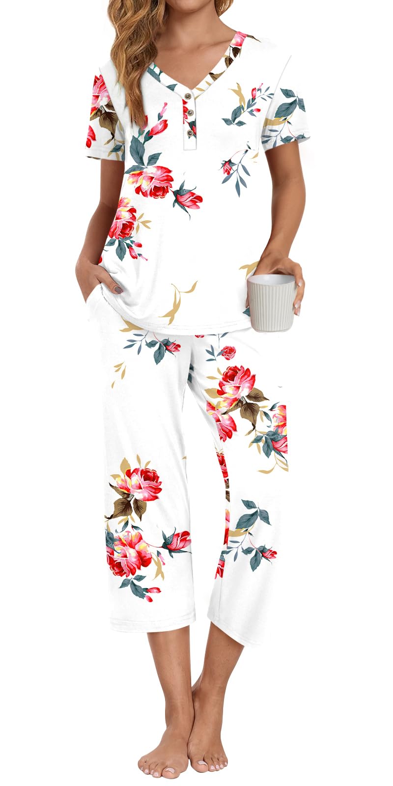 Anyally Women's Pajama Set Plus Size Short Sleeve Top and Pants 2 Piece Lounge Sets Summer Ladies Pjs Sets