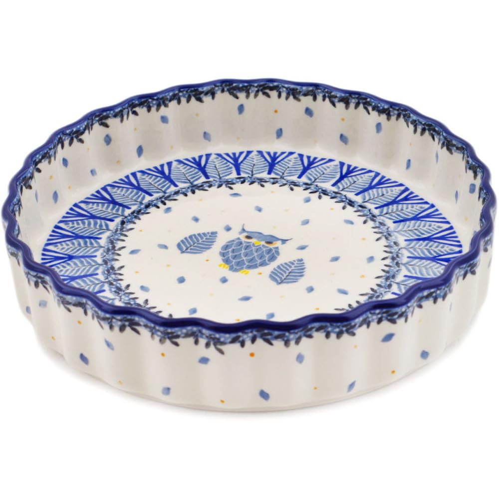 Authentic Polish Pottery Fluted Pie Dish Signature UNIKAT in Pastel Hooter Design Handmade in Boles?awiec Poland by Ceramika Artystyczna + Certificate of Authenticity