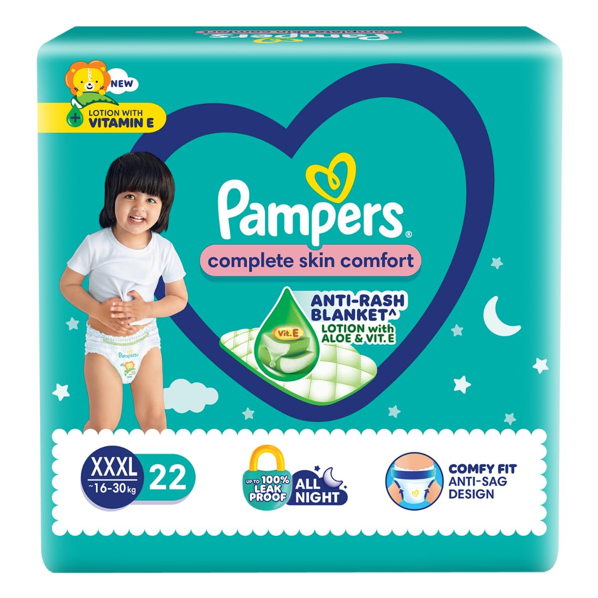 Pampers Complete Skin Comfort Pants Style Baby Diapers, XXX-Large (XXXL) Size, 22 Count, Anti Rash Blanket, Lotion with Aloe Vera, 16-30 kg