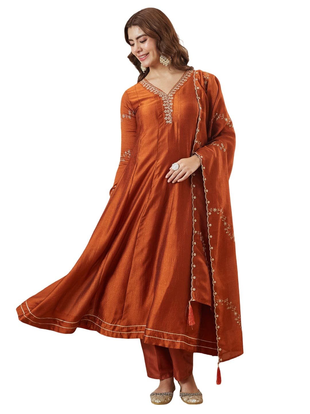 Women's Rust Brown Anarkali Kurta Pant Dupatta Set | Elegant Embroidered Ethnic Suit Set | Flared Traditional Indian Wear for Festive Wedding Party Office & Special Occasions-picture-14
