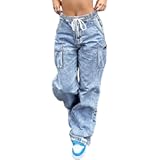 Mid Rise Cargo Jeans Women Elastic Waist Stretch Wide Leg Denim Pants with Pockets Baggy Streetwear Pants y2k