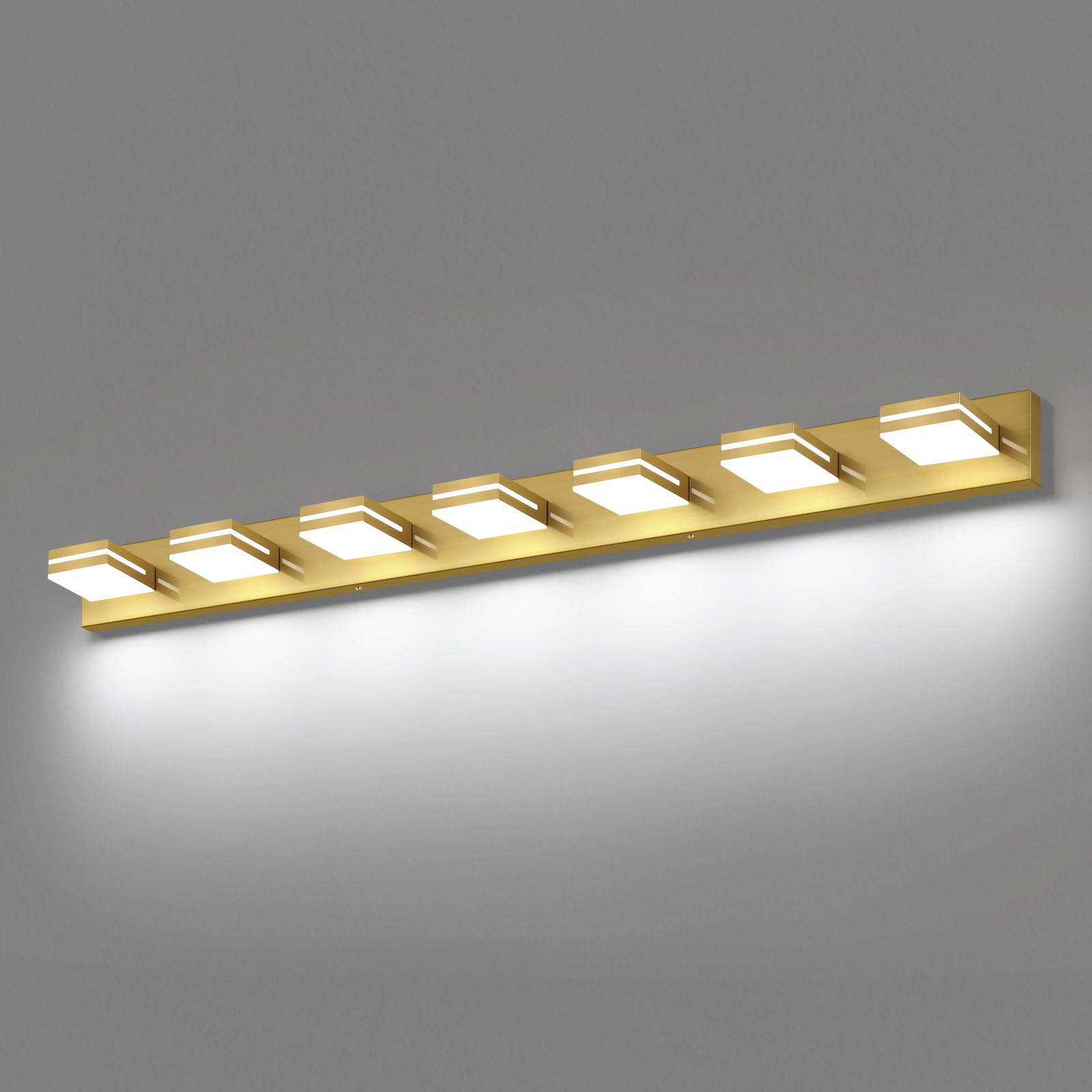 SineRise LED Modern Bathroom Vanity Light Fixtures, Modern Acrylic Bathroom Wall Lighting Fixtures Over Mirror, 7-Light, 55-Inch, Brass, White