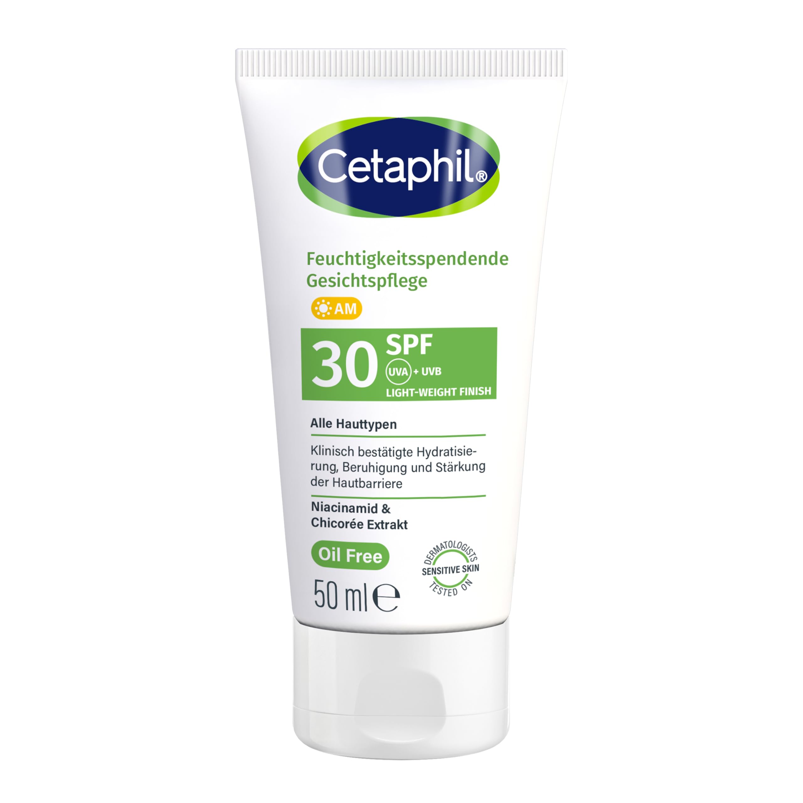 Cetaphil Feuchtigkeitsspendende Gesichtscreme SPF 30, 50 ml, Tagescreme mit LSF 30, leichte ölfreie Pflege mit Niacinamid & Vitamin E, UVA/UVB Schutz für empfindliche & trockene Haut