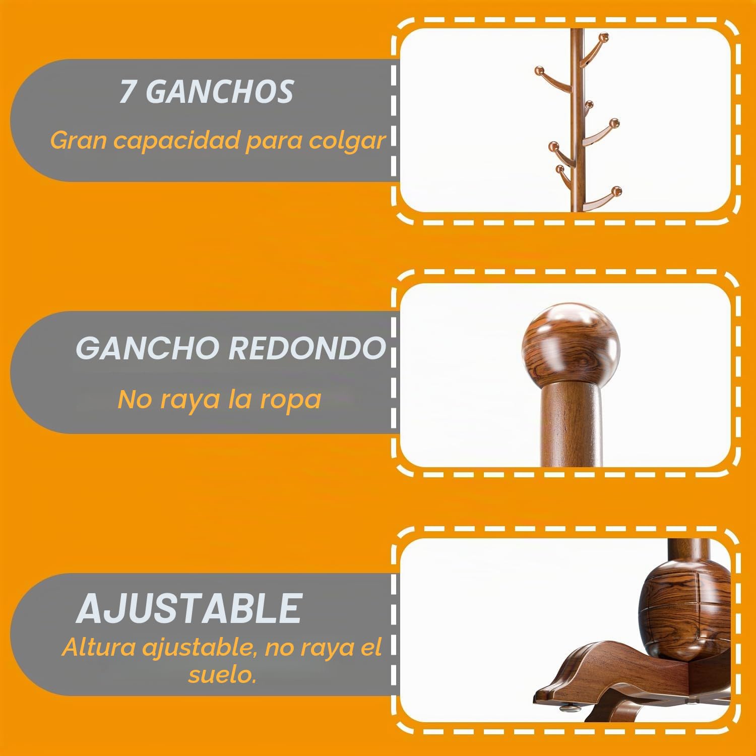 Perchero de Pie de Madera, Perchero de Pie en Forma de árbol, Árbol de Pasillo Regulable en Altura, Base Resistente, Perchero para Pasillo, Entrada, Hogar