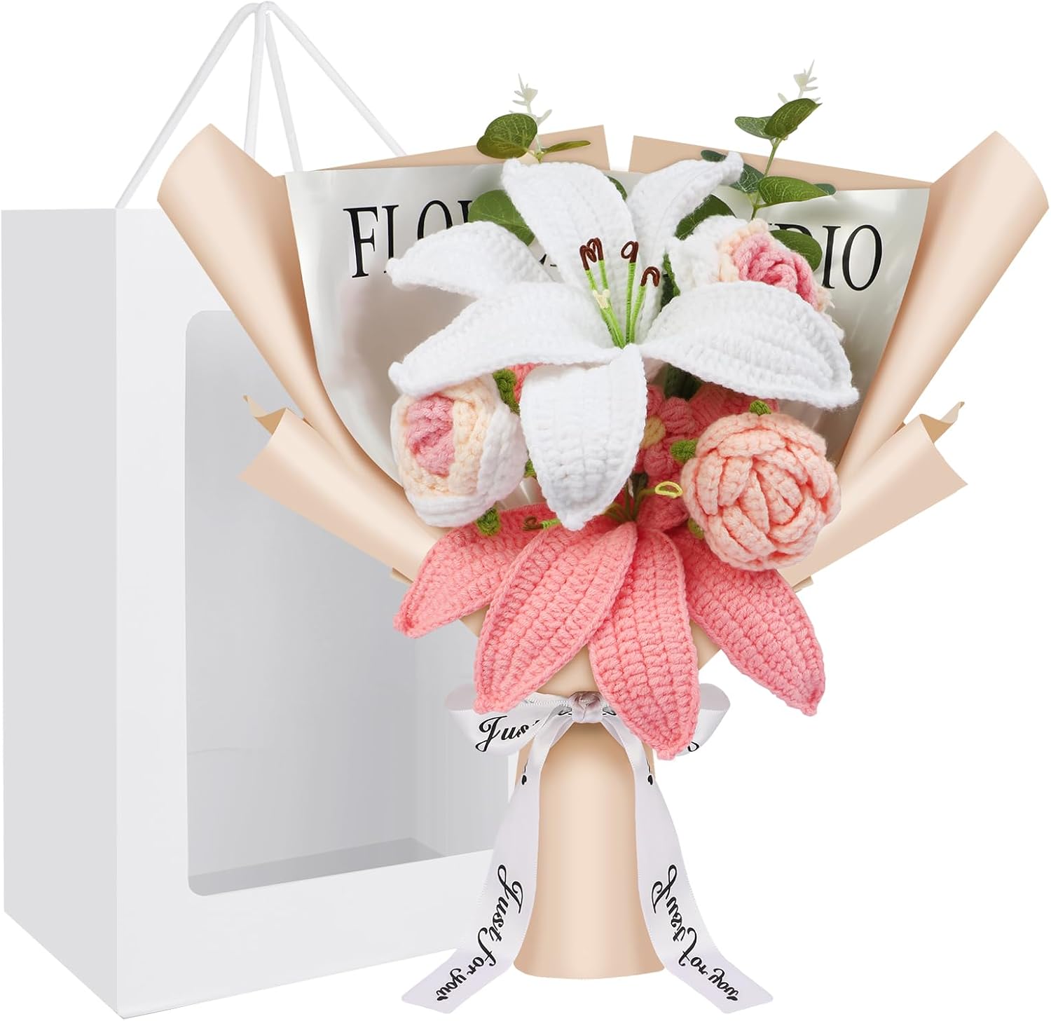 Crochet Flowers Crochet Flower Bouquet with Greeting Card Finished Handmade Knitted Flowers Roses & Lily Bouquet for Mother's Day Valentines Day Birthday Graduation Gift Home Decor (Pink)