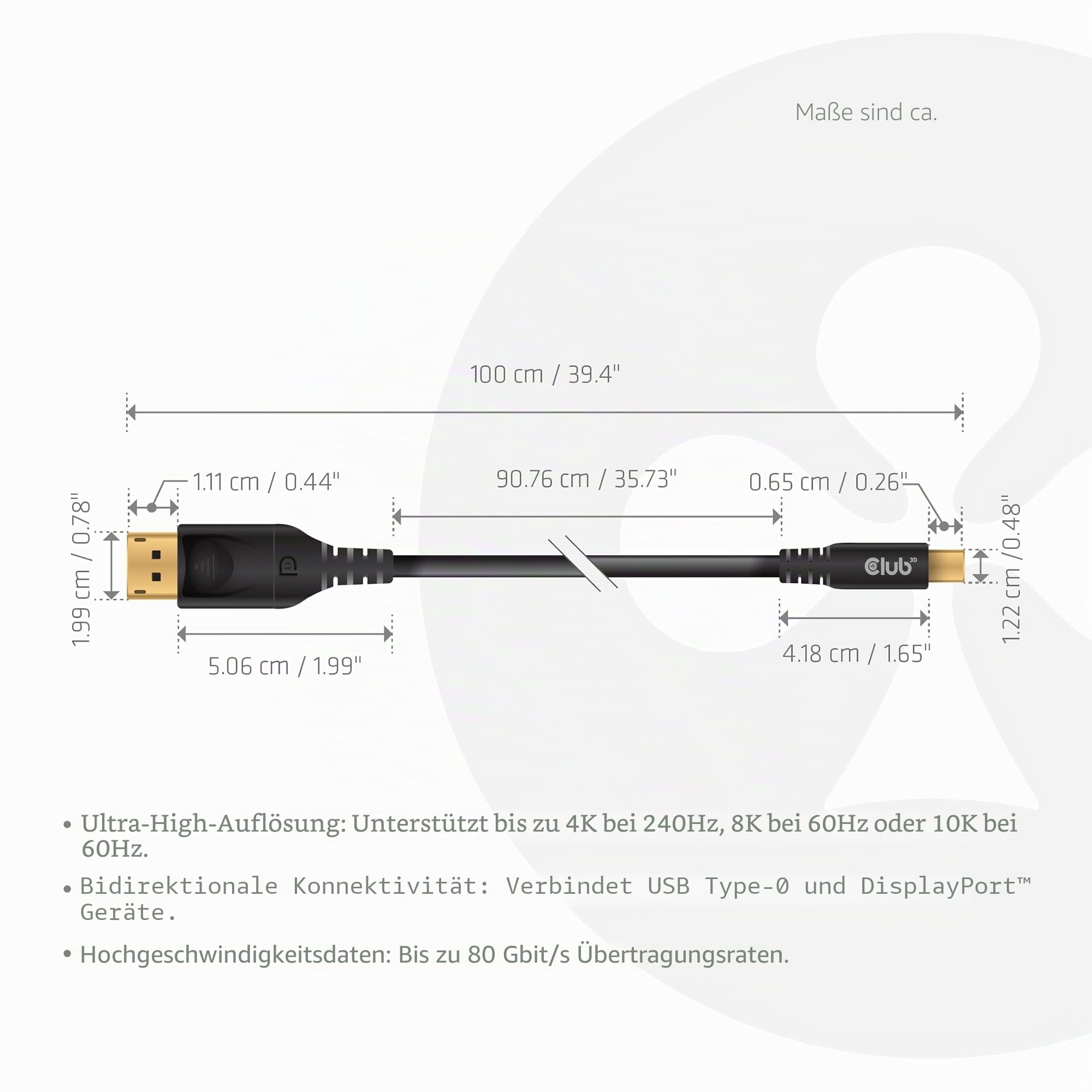 Club3D CAC-1559 USB Typ-C auf DisplayPort DP80 bidirektionales VESA zertifiziertes Kabel 1m