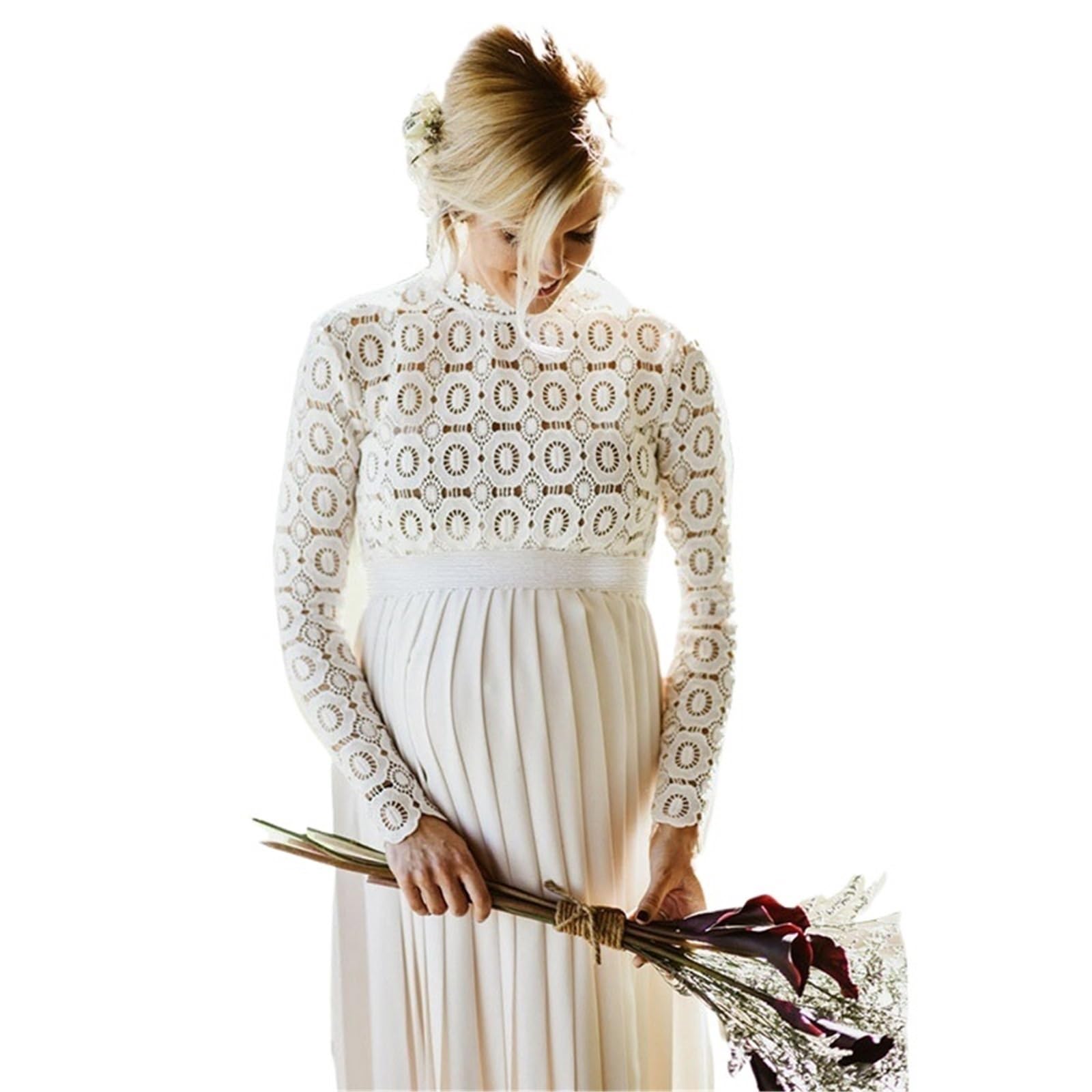 Vestiti Gravidanza Abito da Sera Premaman Bianco for Baby Shower, Foto di Sessioni di Gravidanza, Elegante Abito Lungo con Spacco Traforato A Maniche Lunghe Premama da Donna(S)