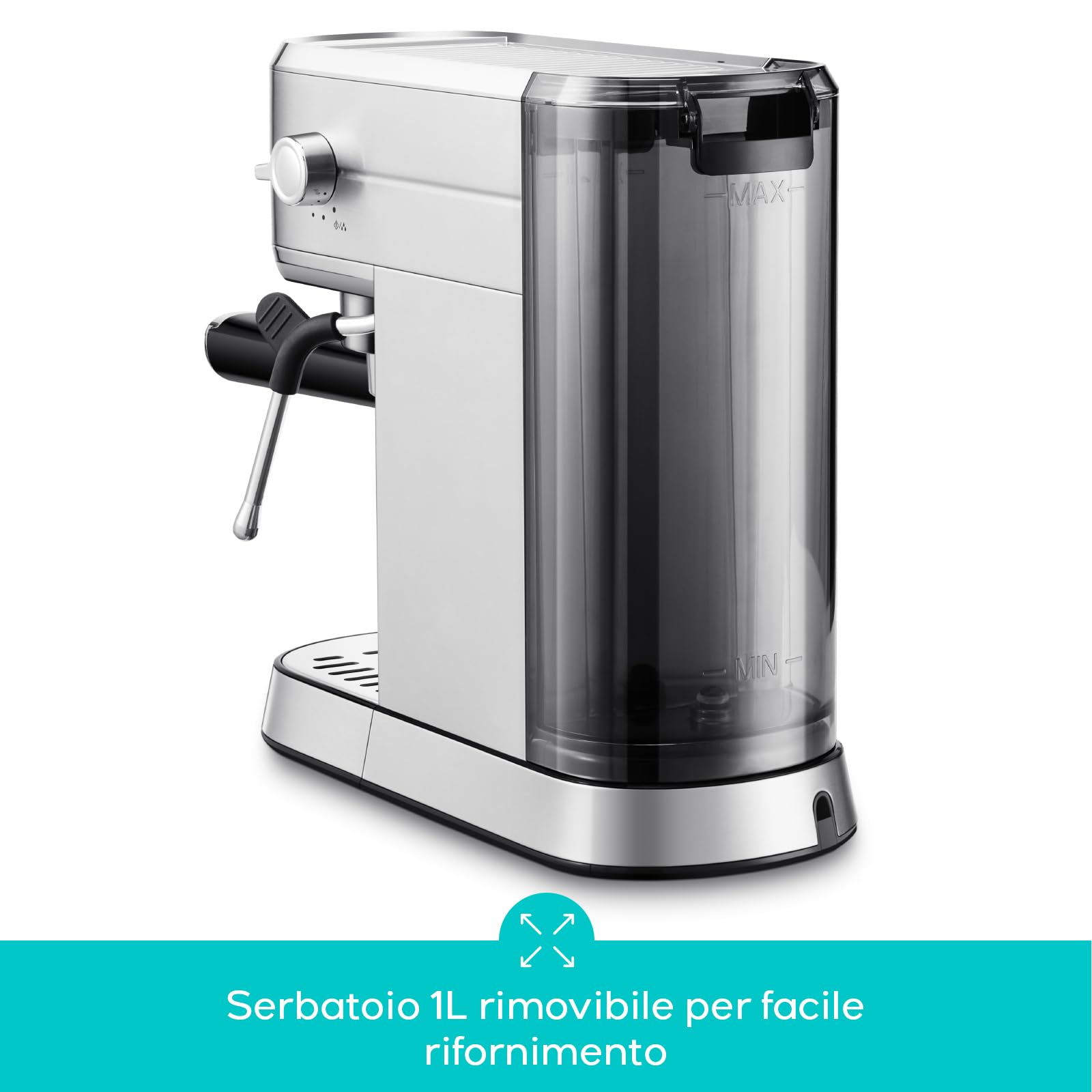 CASABREWS Macchina Caffè Macinato, 20 Bar Macchina da Caffè Espresso Manuale e Cappuccino, Per Polvere, Serbatoio Estraibile 1L, 1350W, Piano Scaldatazze, Inox, Argento