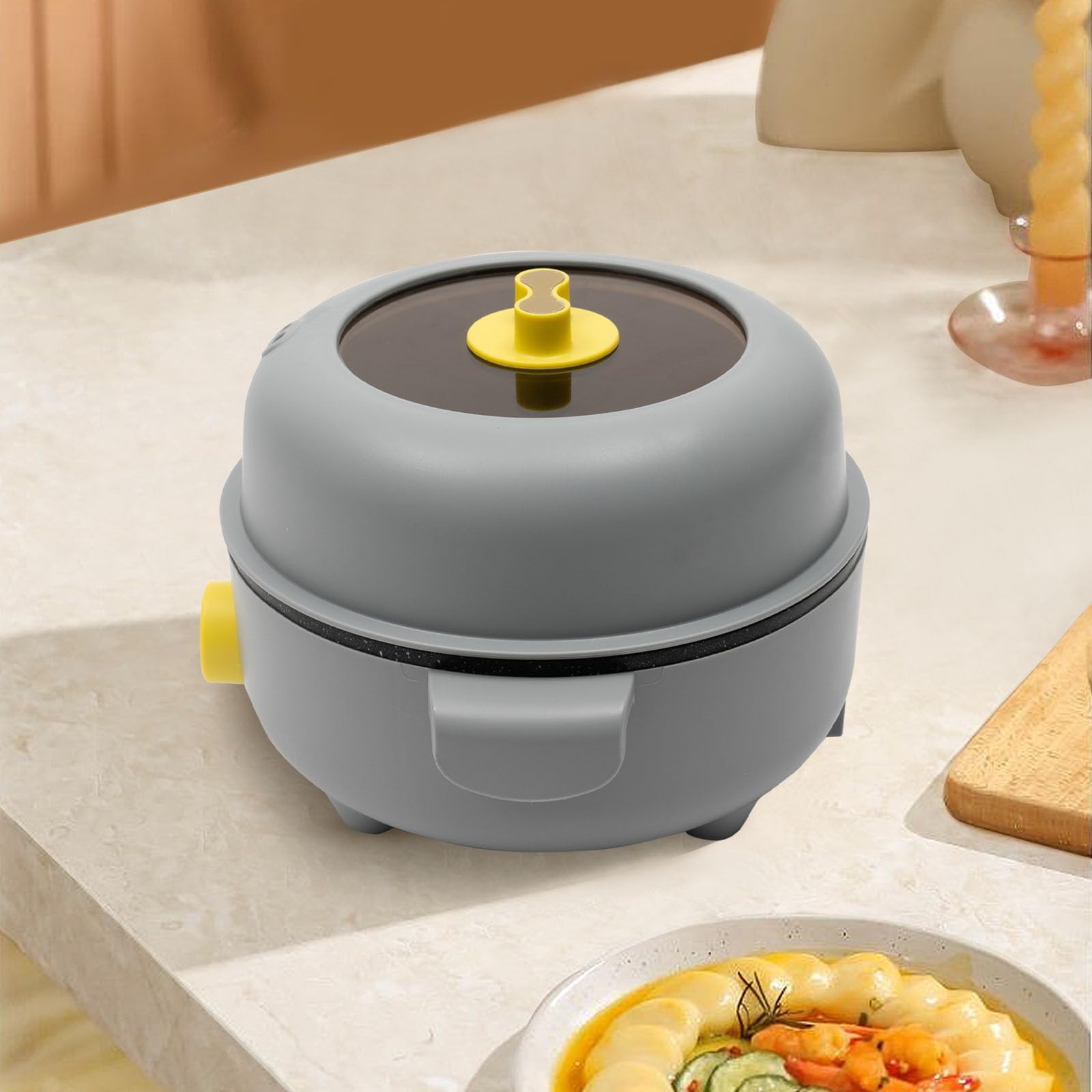 Elektrischer Hot Pot 1.5L mit 2 Dämpfern, Antihaft-Bratpfanne, Reisekocher für Braten/Ramen/Fondue/Suppe, ideal für Wohnheim/Camping/Haus, Überhitzungsschutz, 300W/600W (Grau)