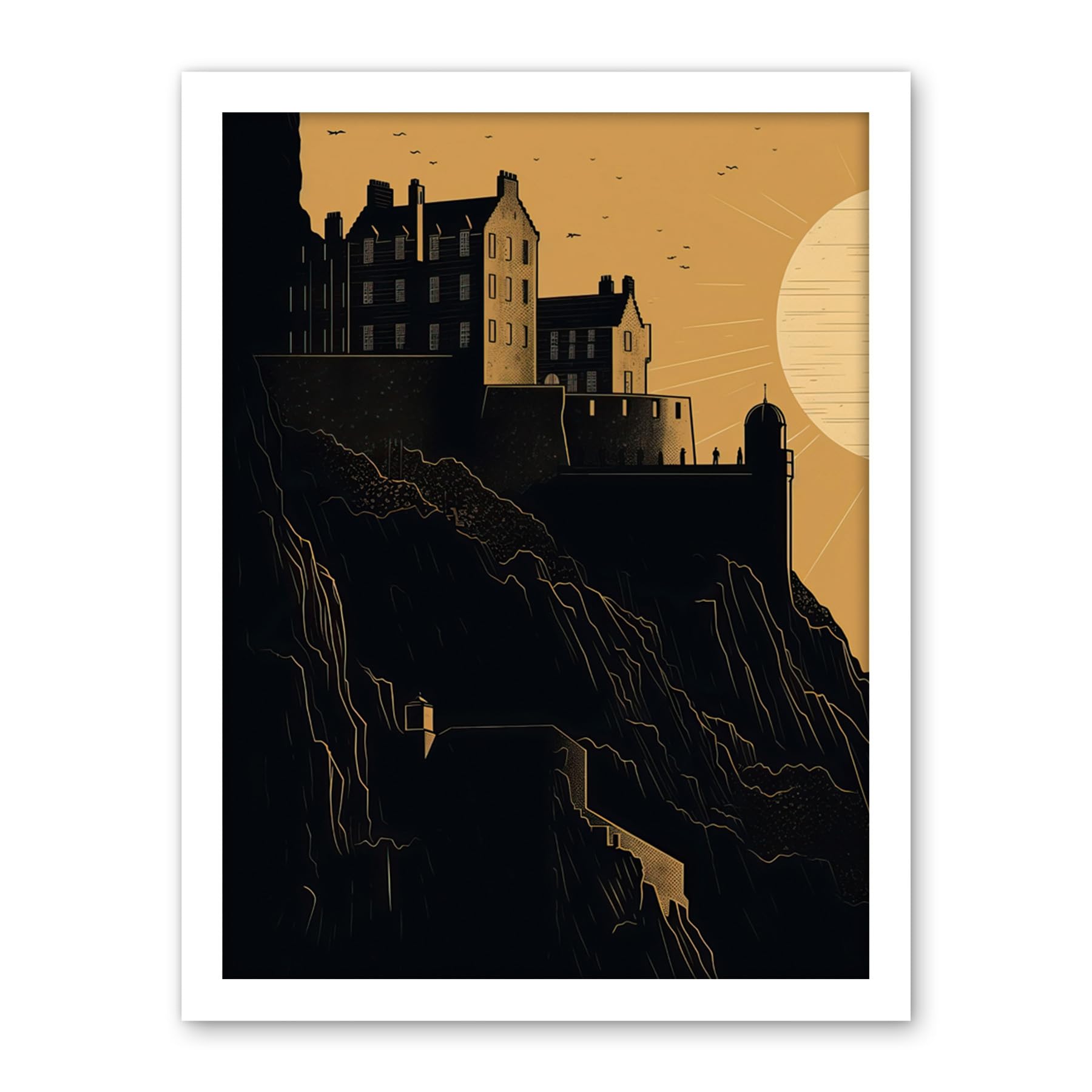Artery8 Edinburgh Castle at Sunset Linocut Illustration Artwork Framed Wall Art Print 18X24 Inch