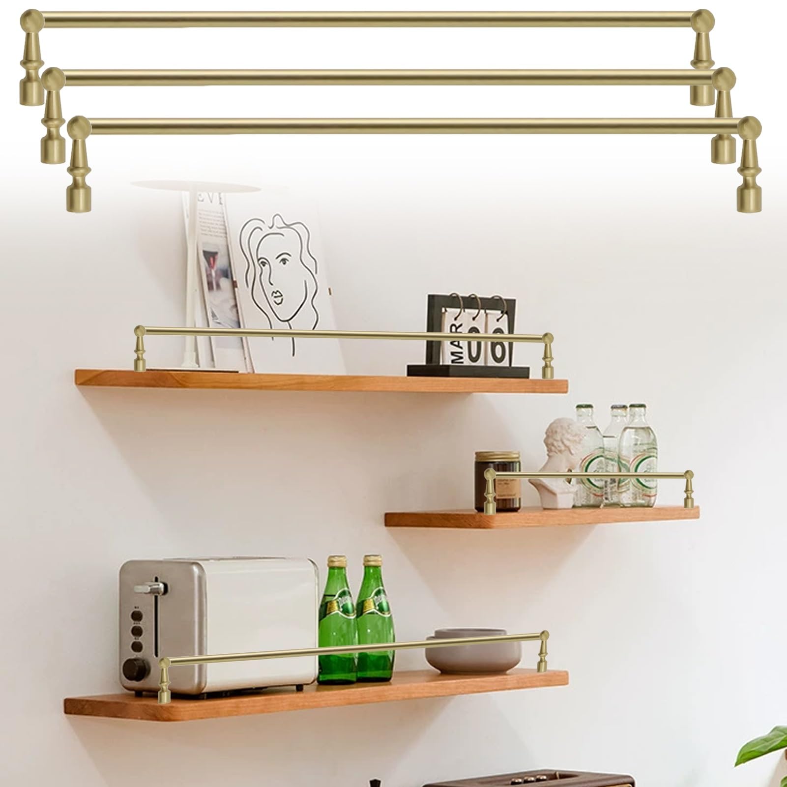 Binario per Mensole 3 Binari per Mensole in Ottone Massiccio Spazzolato, Binario Decorativo Inclinabile per Cucina, Set di Binari Moderni per Galleria Che Impediscono(21inch/53.3cm)